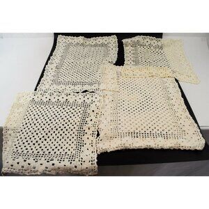 Hand Crocheted Doilies Napkins Pillow Case Lot of 4 Off White Vtg Square Linens